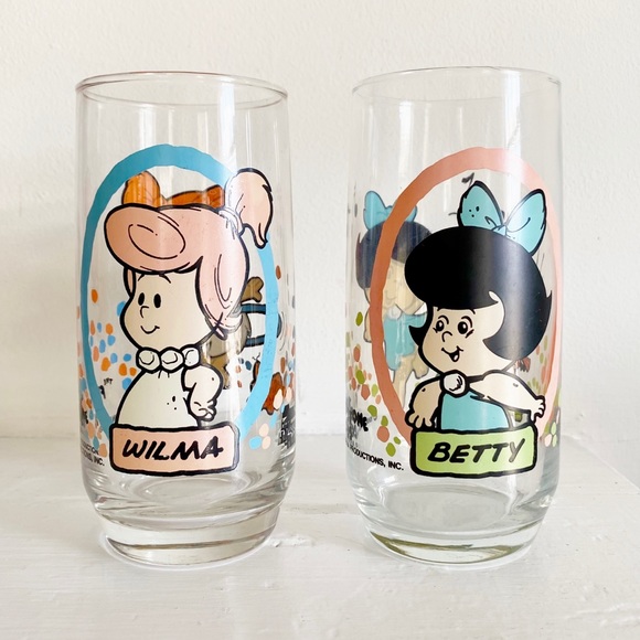2pc Vintage 1986 Collectible Pizza Hut Flintstone Kids Drinking Glasses Set